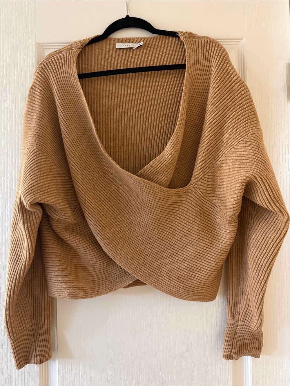 Lush Camel Ribbed Wrap V-Neck Sweater